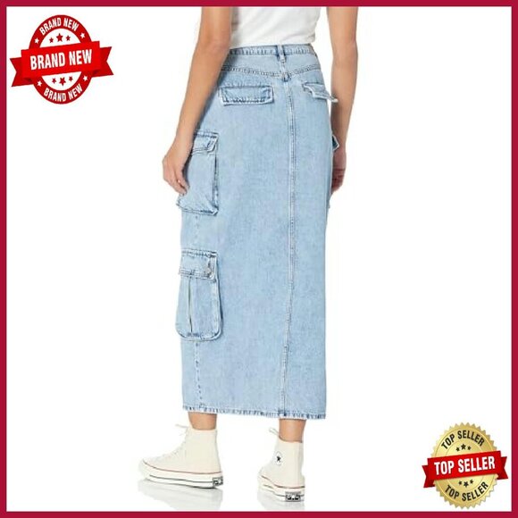 Denim Cargo Maxi Skirt with Functional Pockets, Casual Wear - Picture 3 of 3